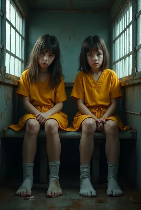 2 filles de 14 ans en chaussette dans un bus de prison en tenue jaune de prison (réaliste) on voit totalement les chaussettes