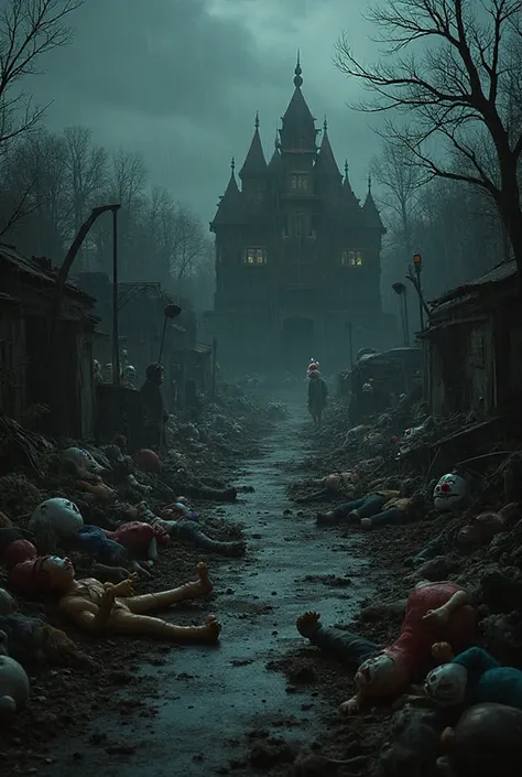 A chaotic setting of an abandoned amusement park on a rainy day and haunted house in the background. Abandoned toys with dead pe...