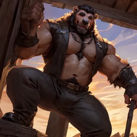 shaggy bear, big body mushy, sharp tense muscles, thick fluffy hair high details covered all over the body, black bushy beard ar...