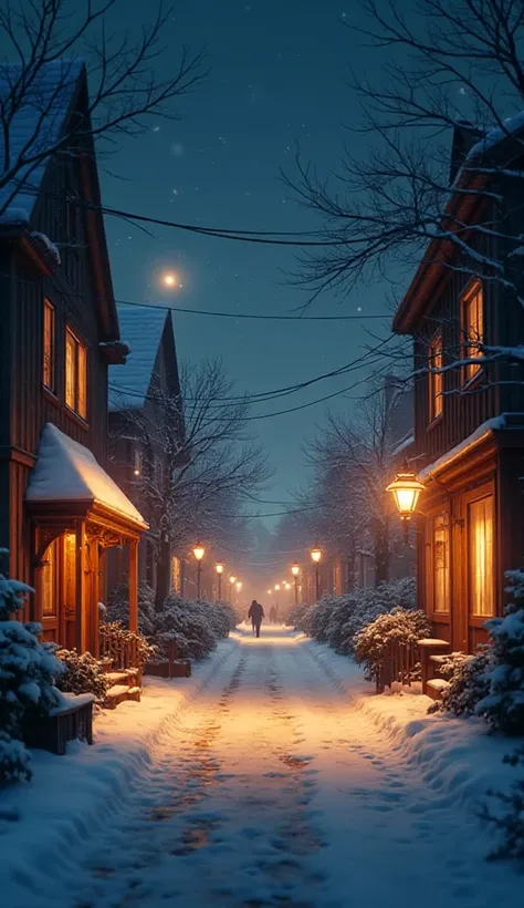 “Snow-covered small town street at dusk, streetlights glowing warmly, people peeking through windows nervously, cinematic bright...