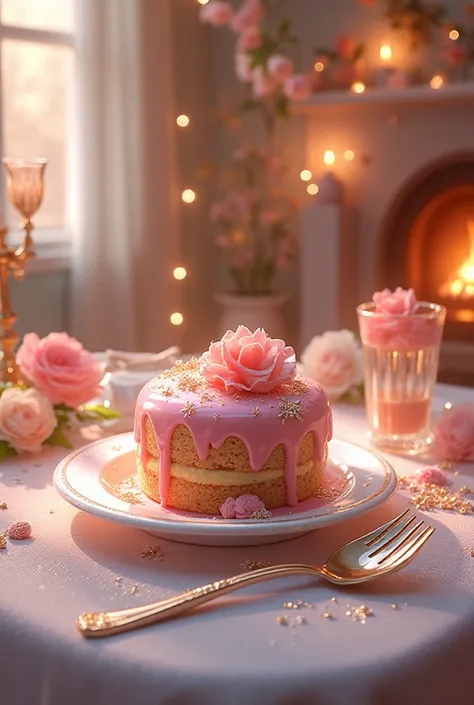 A soft focus, dreamy, glossy glass shiny cake on a delicate, sparkling table with a dainty fork, inside a cozy little cottage wi...