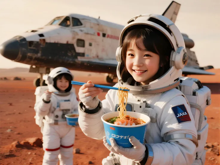 Japanese young woman、Kid Girl、Smile Yan、astronaut、wearing a white and blue space suit from JAXA、state with the helmet off、holdin...