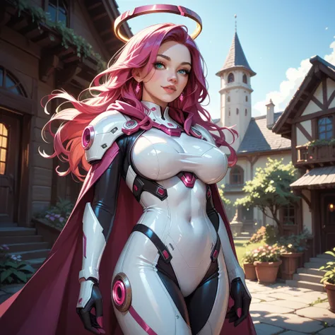 1 beautiful woman, long hair glowing hair magenta, bright beautiful glowing blue eyes, large breasts, wearing a skin tight cloth...
