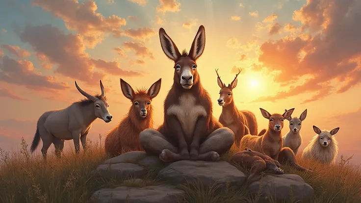 An imaginative scene where a donkey is depicted as a wise sage, sitting on a rock surrounded by various animals, symbolizing the...