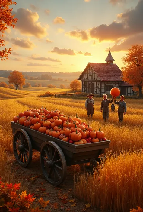 A picturesque autumn scene of a German farm landscape during Thanksgiving. In the foreground a traditional Wooden wagon richly l...