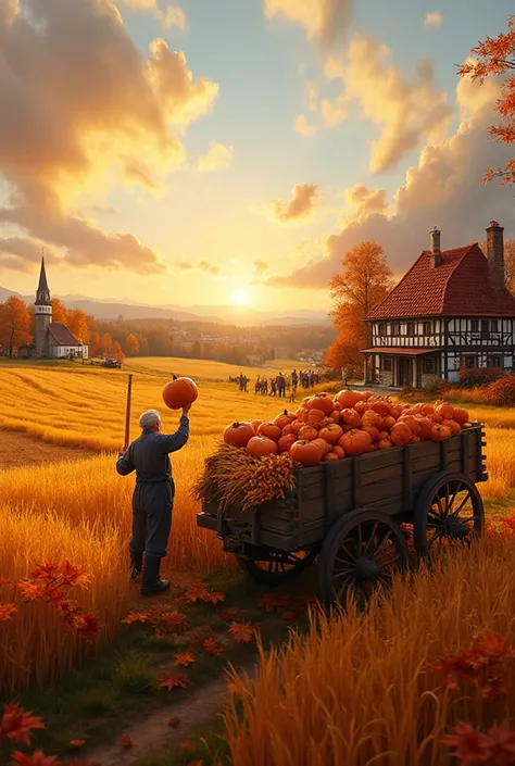 A picturesque autumn scene of a German farm landscape during Thanksgiving. In the foreground a traditional Wooden wagon richly l...