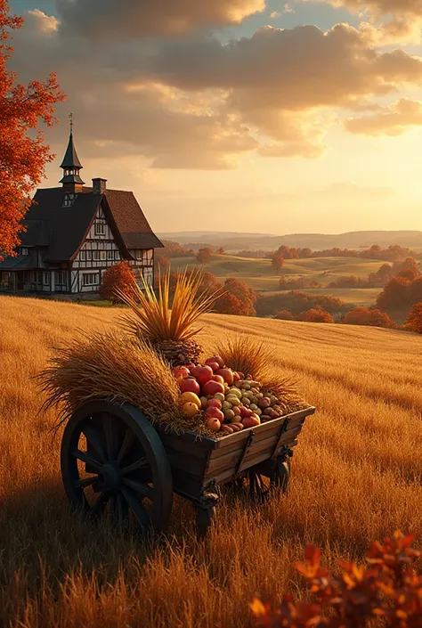 A picturesque autumn scene of a German farm landscape during Thanksgiving. In the foreground a traditional wooden wagon richly l...