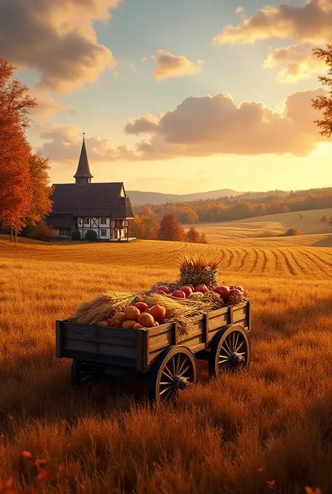 A picturesque autumn scene of a German farm landscape during Thanksgiving. In the foreground a traditional wooden wagon richly l...