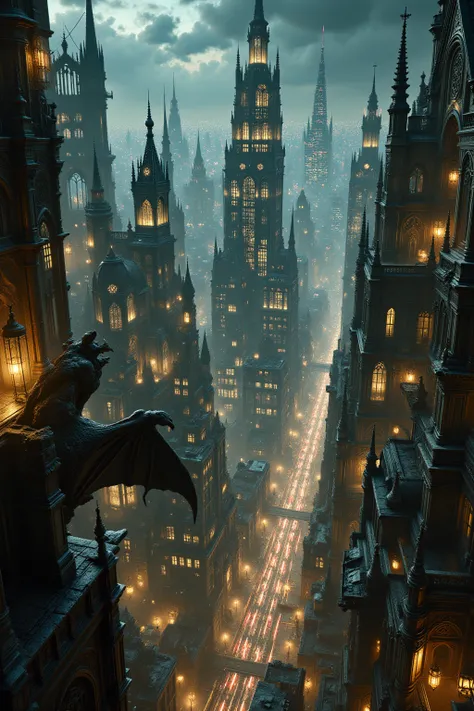 A stunning cityscape at night, blending Gothic architecture with near-futuristic skyscrapers. Ornate, heavy buildings illuminate...