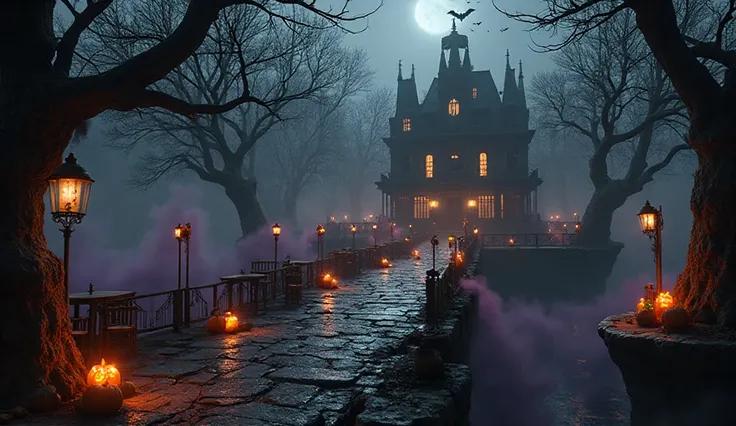 Spawn Platform: A large floating platform where all players appear, decorated with Halloween elements. Dark stone floor with glo...