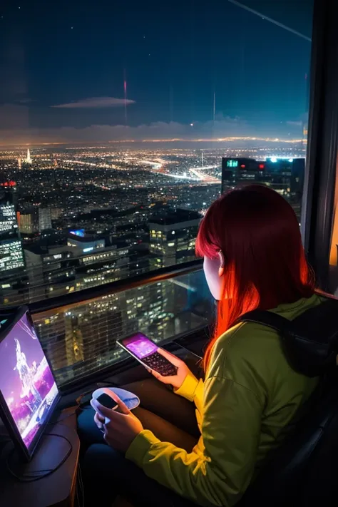 cute girl hacking while watching the night view of the city　red hair　long　Cyberpunk　