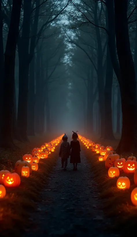 16:9 ultra-realistic 3D render wide shot of a dark forest path lined with dozens of glowing carved turnip lanterns on the left a...