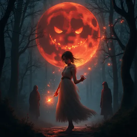 A little sorceress with a magic wand
creates bright white spells, mystical
night, a huge red moon with a carved face
like a Hall...