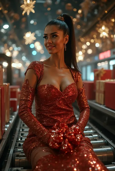 glamorous female pop star being transformed into a holiday gift, Ariana Grande lookalike with signature high ponytail, expressiv...