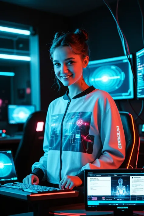 A young hacker sits at several computer screens with an innocent smile, lines of code and holographic projections flicker on mon...