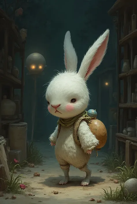 Prompt:
A small white rabbit with human-like body, wearing children’s clothes, pink chubby cheeks, innocent human-like face — sn...