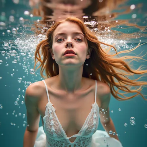 Underwater shot of little Venus with SuperWide lens, ExtremelyDetailed Beautiful Innocent girl in a masturbation position in a I...