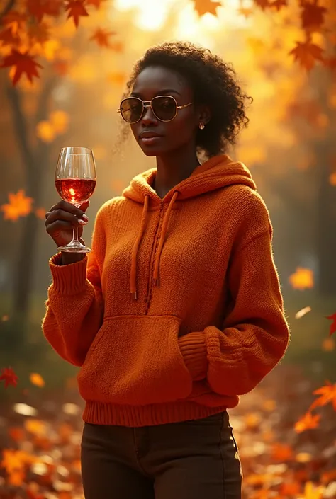 3D Pixar Style image of a sophisticated beautiful Nigerian woman in an airbrushed orange knitted hoodie and sleek sunglasses hol...