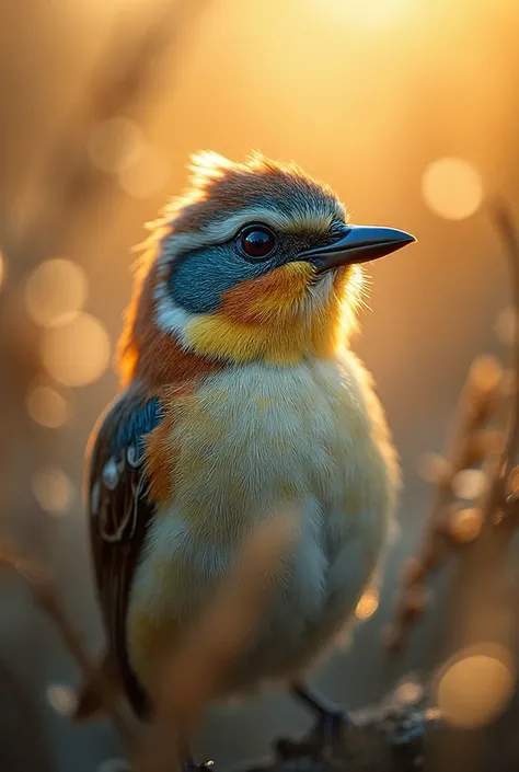 A mesmerizing close-up portrait of a gorgeous little bird illuminated by the soft, golden light of a tranquil morning, with vibr...