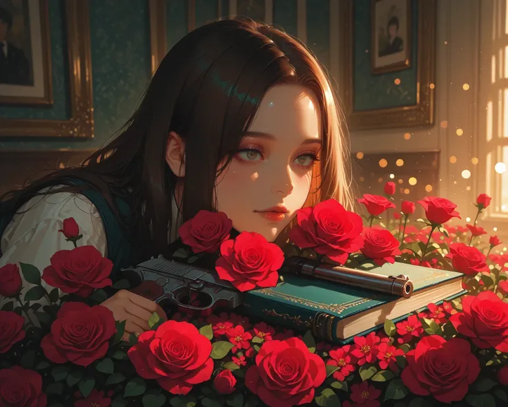 man receiving a bouquet of flowers from a girl {x}、blooming red20inside a book rose、Pistol(Walther P36)Discover、ultra high defin...