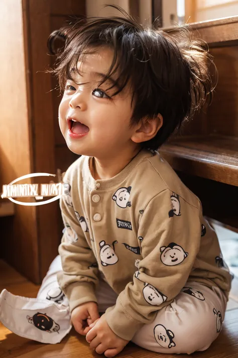Little Shota with a cute face spreads her hands, wears diapers, and smiles、