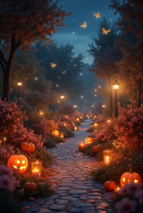 “A flower-decorated pathway glowing with Halloween lights, lined with pumpkins and candles. Butterflies and fireflies glow above...