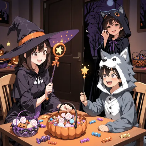 source_anime, masterpiece, best quality, one little girl, black medium hair, dark brown eyes, witch costume, holding a wand, one...