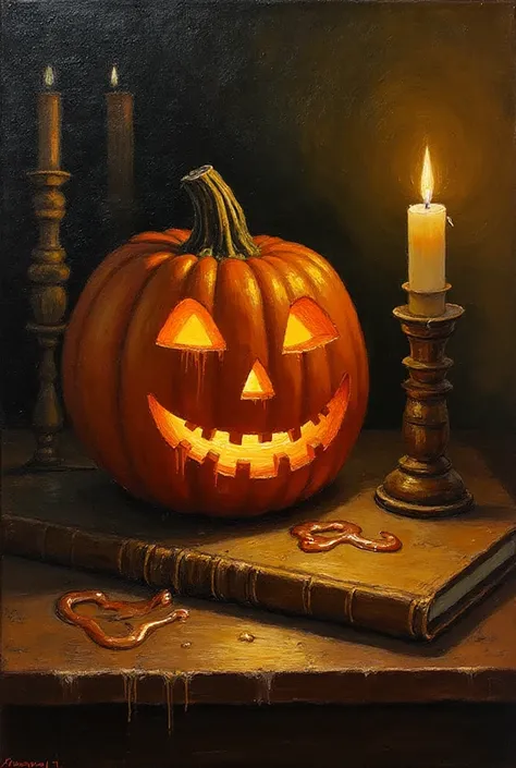 Still life oil painting of a carved jack-o’lantern on a wooden table surrounded by old books and melted candles: warm candleligh...