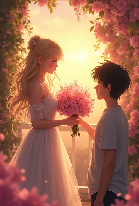 masterpiece, best quality, 8k, detailed anime style, cinematic, atmospheric, romantic scene.
A beautiful, blushing blonde girl ...