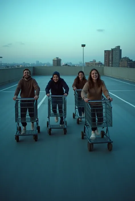 Candid cinematic photo of four young friends racing shopping carts across an empty rooftop parking lot at dusk, captured with mo...