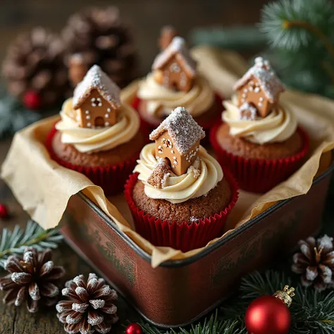 Festive Cupcake Gift Presentation

A close-up of Christmas cupcakes with gingerbread house toppers, each placed in red cupcake l...