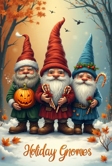 Create a whimsical yet hyper-detailed illustration featuring a trio of charming gnomes, each crafted with realistic textures—wri...