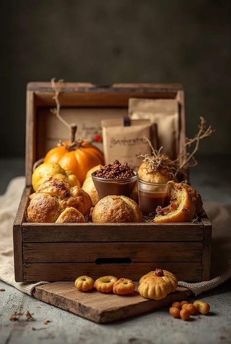 A box that has: a mini quince pastry, a shot glass with chocotorta dessert, a coffee bag and a tea bag, a bag with four fat bisc...