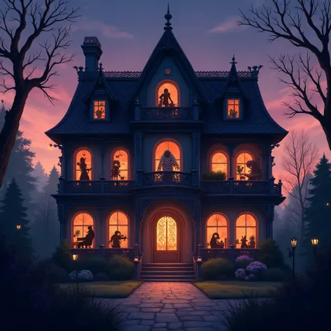 Create an artistic anime-style scene of a monster cohabitation house at dusk, viewed from outside. The house is a whimsical Vict...