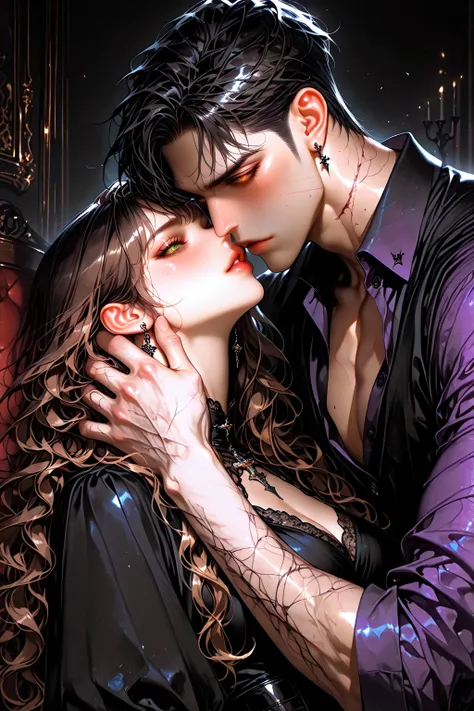 A dark , sensual, romantic dark fantasy scene, pair. young, handsome vampire man with very pale skin, with sharp facial features...