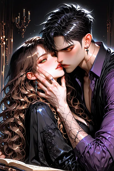 A dark , sensual, romantic dark fantasy scene, pair. young, handsome vampire man with very pale skin, with sharp facial features...