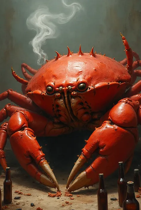 It finely depicts a huge, obese red crab,It is holding half a burning cigarette with its left pliers,The right pliers are holdin...