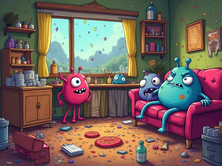A cartoon-style scene of a messy monster share house after a wild party, colorful and playful chaos everywhere, adorable monster...