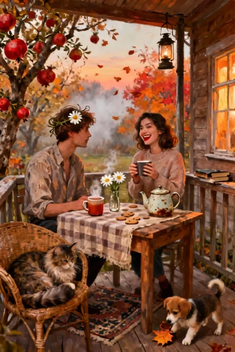 Realistic image of a cozy wooden veranda in an autumn garden, surrounded by old pomegranate trees with scarlet fruits, softly il...