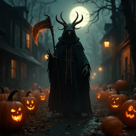 Photorealistic Anubis standing in a pumpkin-lit street, carrying a glowing scythe, eerie fog, cinematic moonlight, ultra-detaile...