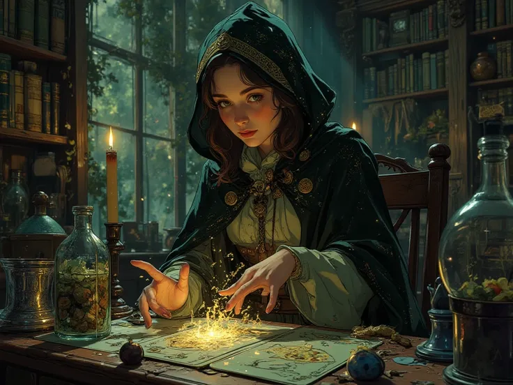 A young sorceress in a sparkling hooded cloak is casting a tarot card on a table full of magical objects. The room is filled wit...