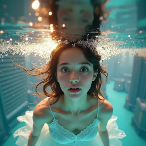 Underwater shot of little Venus with SuperWide lens, ExtremelyDetailed Beautiful Innocent girl in a masturbation position in a I...