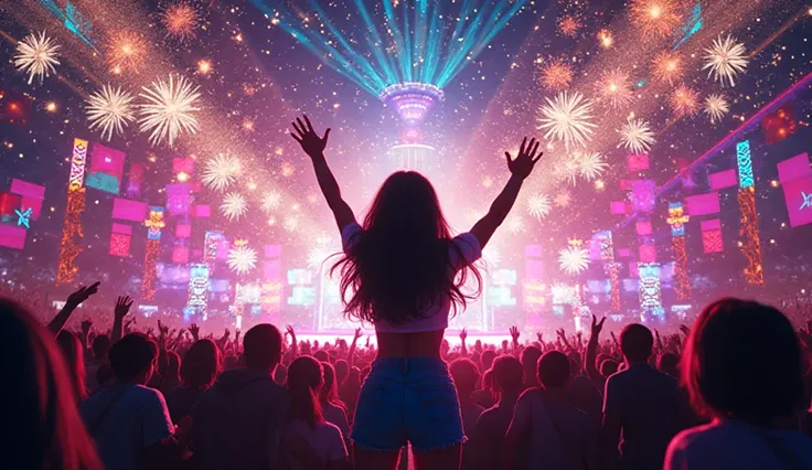 A concert stage exploding with lights and fireworks, Sophia in the crowd raising her hands, animated neon pop-art style, 16:9.