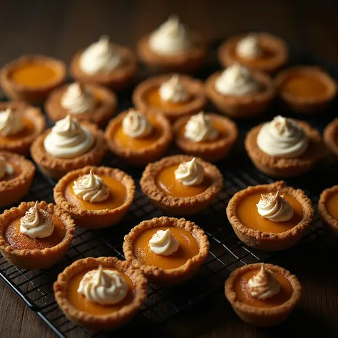 Professional food photography, top-down view: An array of perfectly baked mini pumpkin pies, each with a flaky golden crust and ...