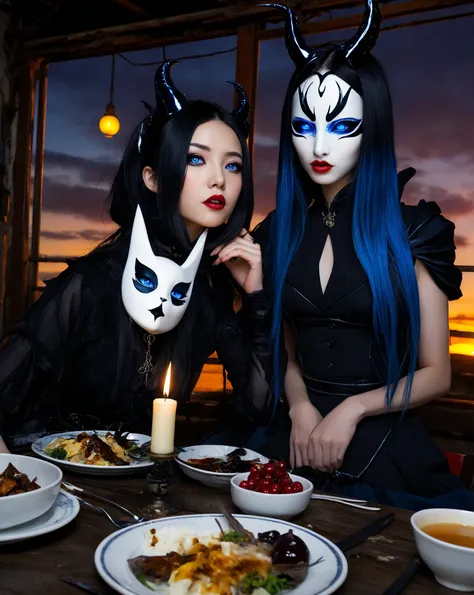 best quality, RAW photo, finely detailed, beautiful Japanese woman, gothic style, raven hair with blue highlights, stylish outfi...