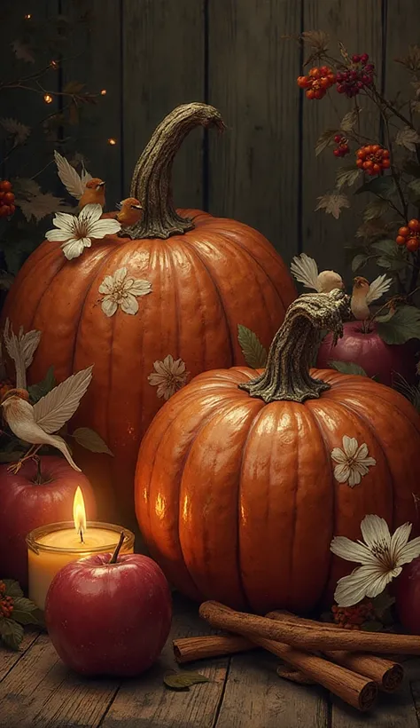 large ribbed burgundy pumpkins with leaves are painted with white flowers and birds, burning candles inside burgundy apples, cin...