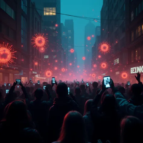 A dystopian city under a digital apocalypse. Glowing virus-like particles spread through the streets, igniting chaotic debates a...