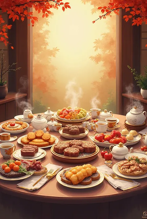 a table with mid autumn food, tea, fruit, cookie, illustration art