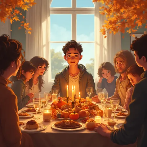 Anime-style, ultra-detailed, full HD. The same young man with strong jawline and natural skin tone now hosts his own lavish Than...