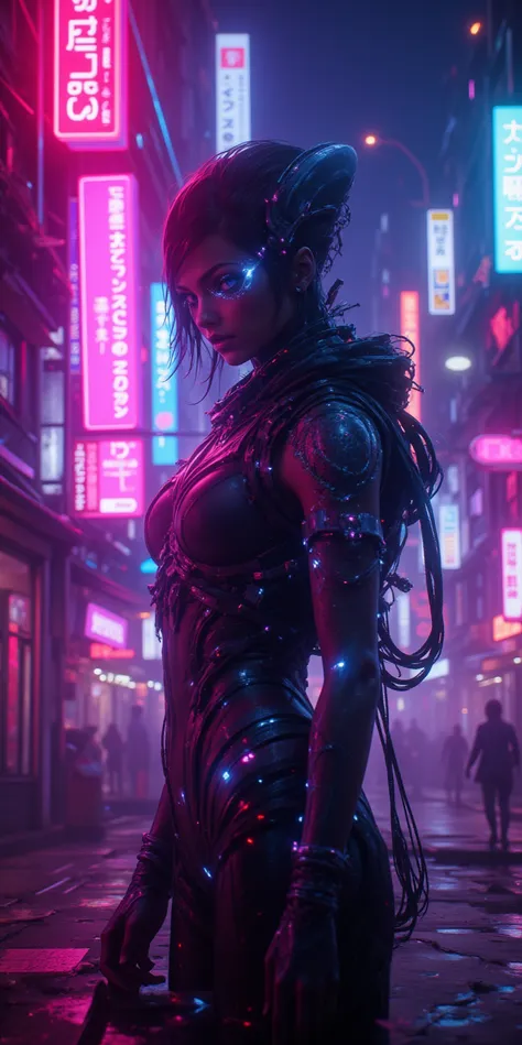 Alien woman in neon cyberpunk city, vaporwave synthwave palette, glowing holograms, retro sci-fi look.